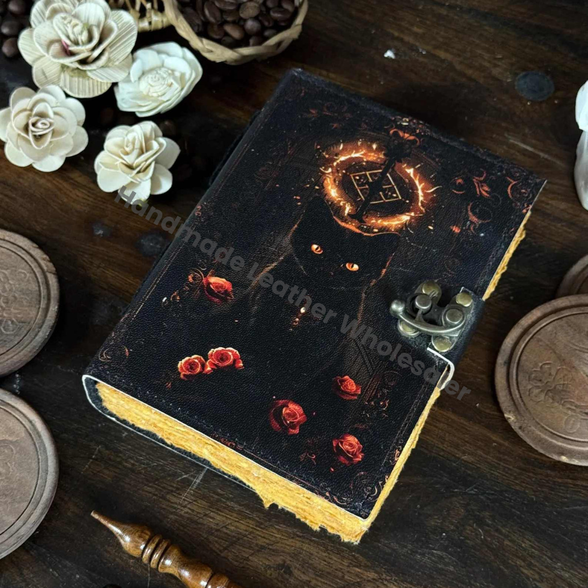 Cat Printed Leather Journal, Antique Handmade Deckle Edge Paper