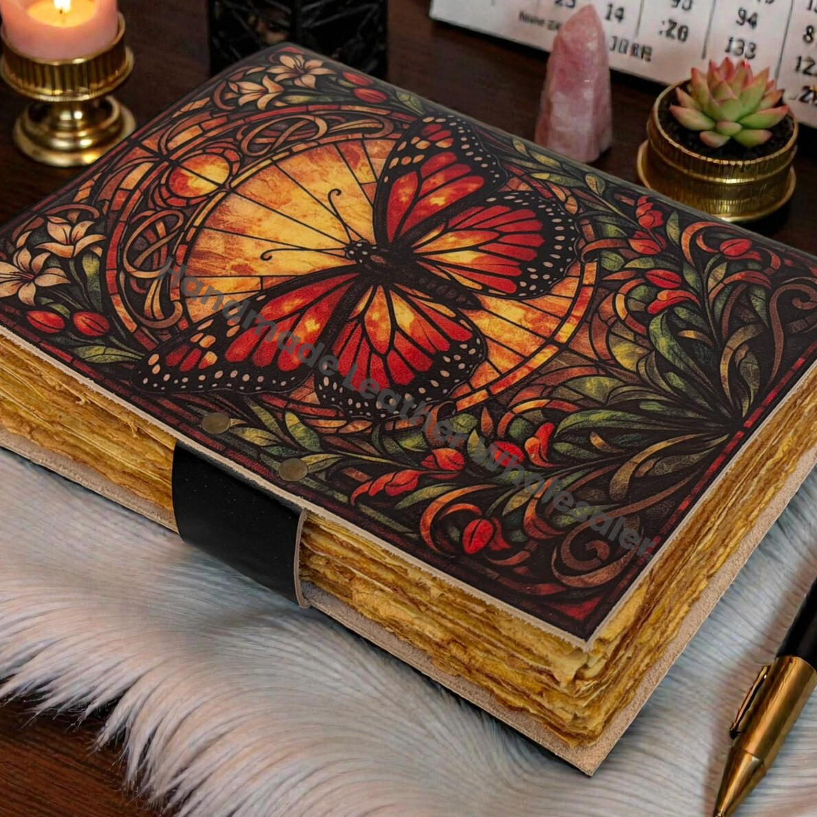 Celestial Butterfly Moth Leather Grimoire journal - VIntage Floral Blank Spell Book of Shadows - Antique Closure