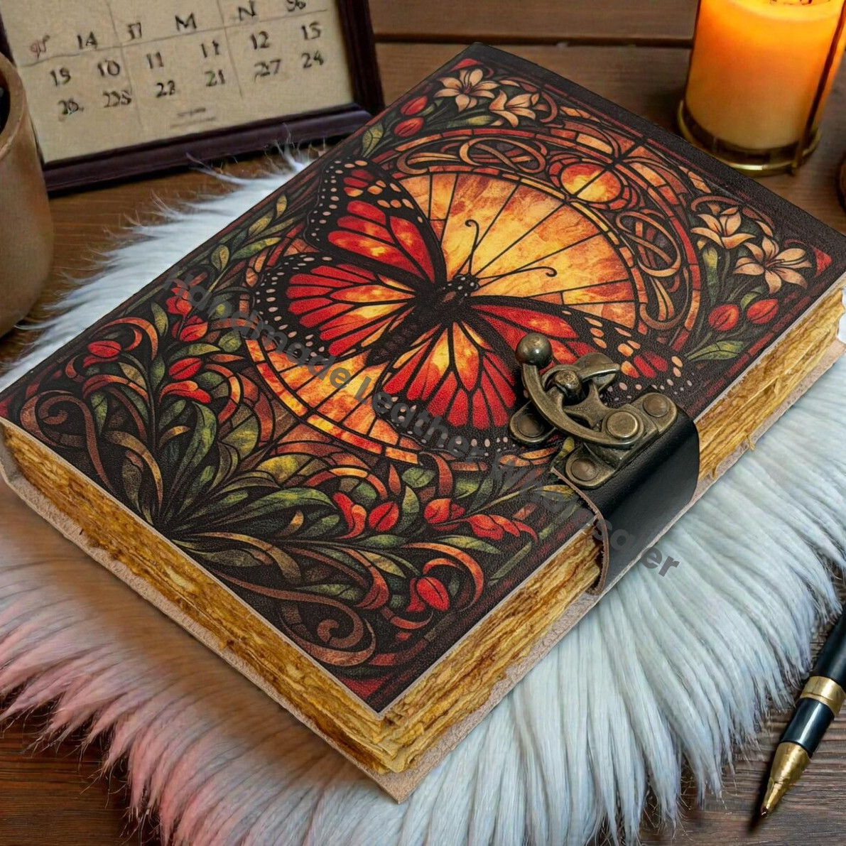 Celestial Butterfly Moth Leather Grimoire journal - VIntage Floral Blank Spell Book of Shadows - Antique Closure