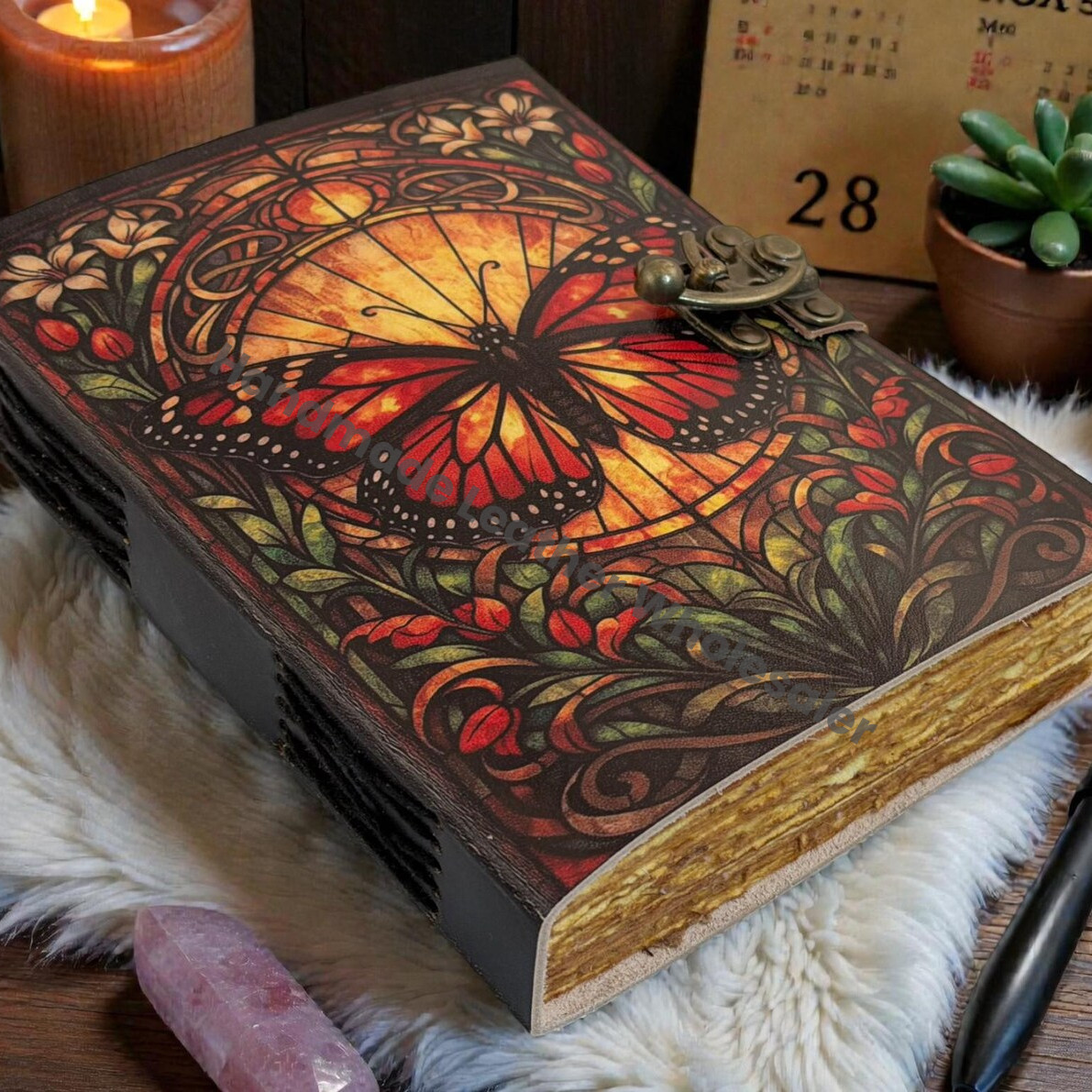 Celestial Butterfly Moth Leather Grimoire journal - VIntage Floral Blank Spell Book of Shadows - Antique Closure
