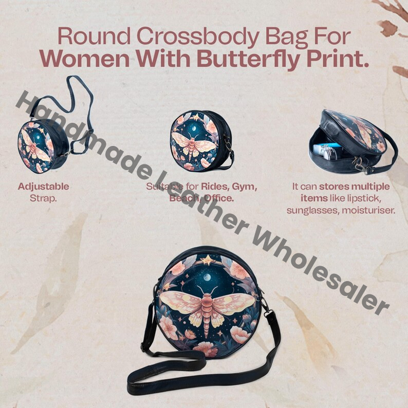 Celestial Gothic Luna moth Cute women crossbody purse Round Messenger Bag five design Variation Shoulder Purse leather strap Satchel Bag
