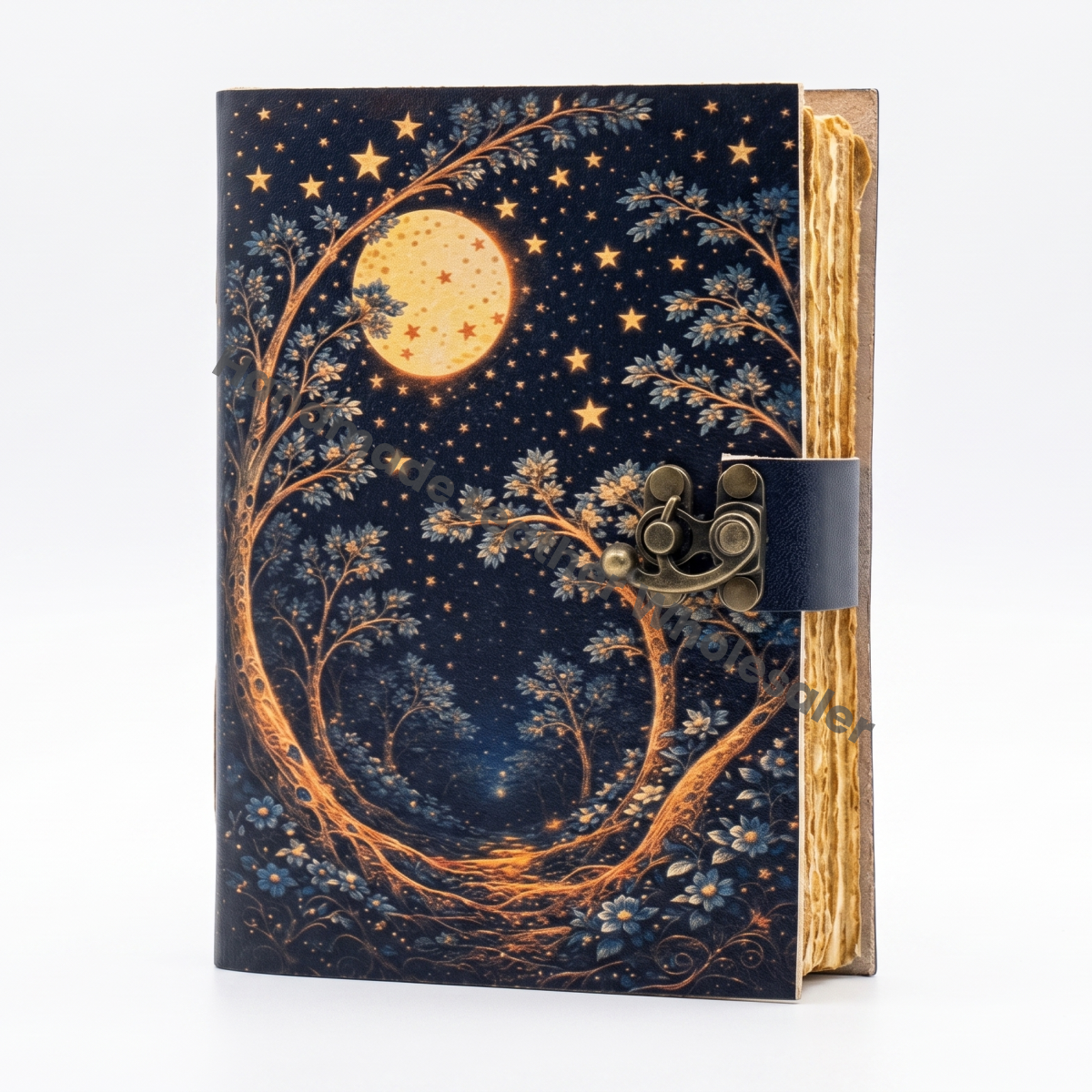 Celestial Moon Forest Journal - Starry Night Leather Notebook - Pagan Grimoire Spell Book - Handmade Deckle Edge Paper Diary