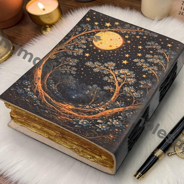 Celestial Moon Forest Journal - Starry Night Leather Notebook - Pagan Grimoire Spell Book - Handmade Deckle Edge Paper Diary