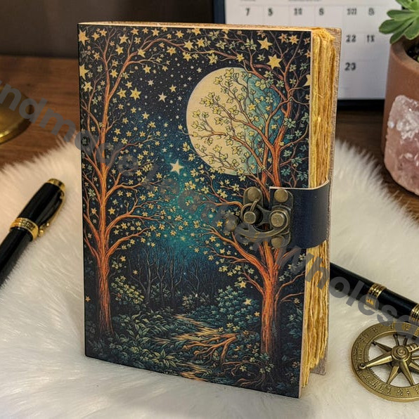 Celestial Moon Forest Journal With Lock - Starry Night Leather Notebook - Witchcraft Grimoire Spell Book - Handmade Deckle Edge Paper Diary