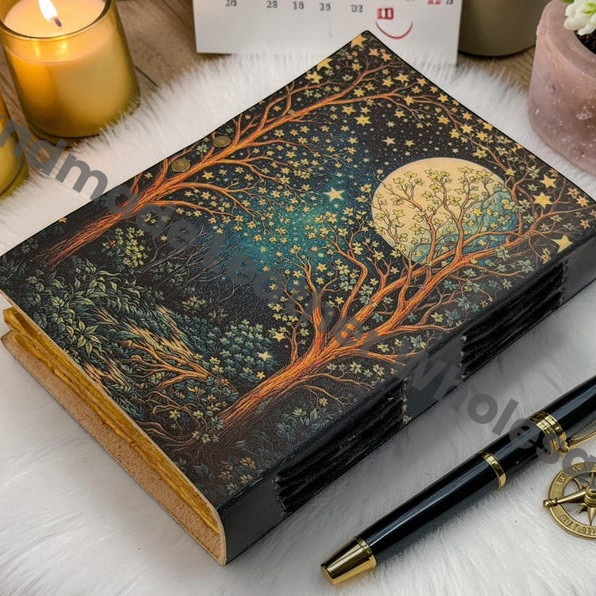 Celestial Moon Forest Journal With Lock - Starry Night Leather Notebook - Witchcraft Grimoire Spell Book - Handmade Deckle Edge Paper Diary