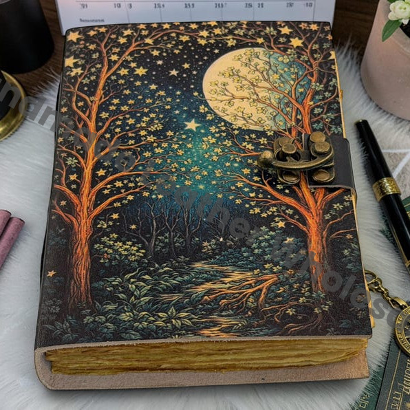 Celestial Moon Forest Journal With Lock - Starry Night Leather Notebook - Witchcraft Grimoire Spell Book - Handmade Deckle Edge Paper Diary