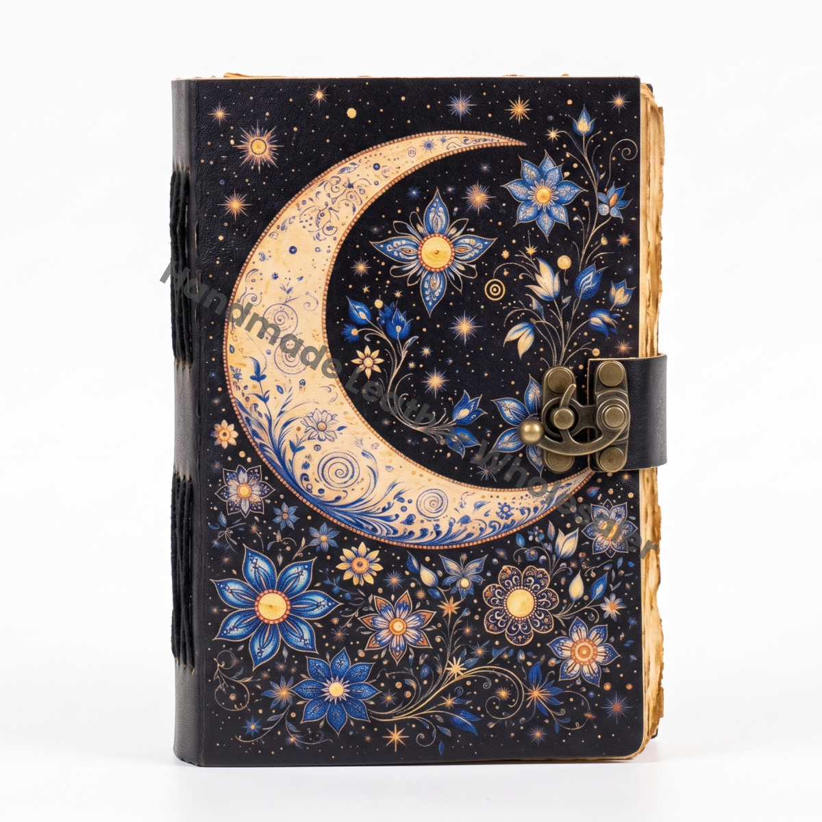 Celestial Moon Journal With Lock - Starry Moon Gifts Leather Journal - Witchcraft Grimoire Notebook - Handmade Deckle Edge Diary