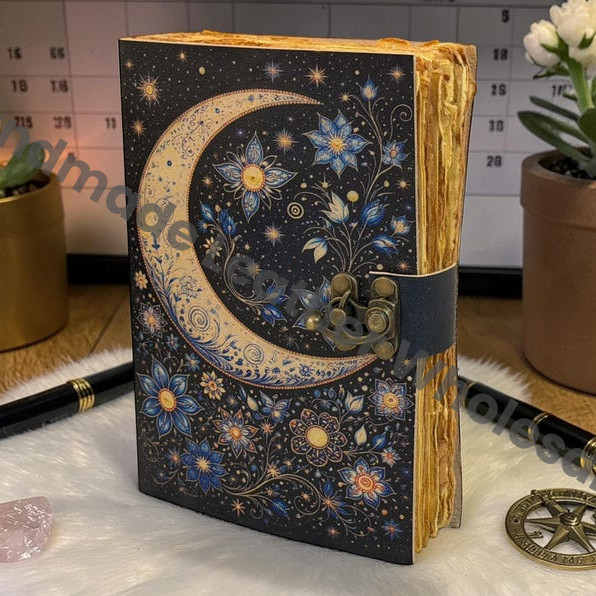 Celestial Moon Journal With Lock - Starry Moon Gifts Leather Journal - Witchcraft Grimoire Notebook - Handmade Deckle Edge Diary