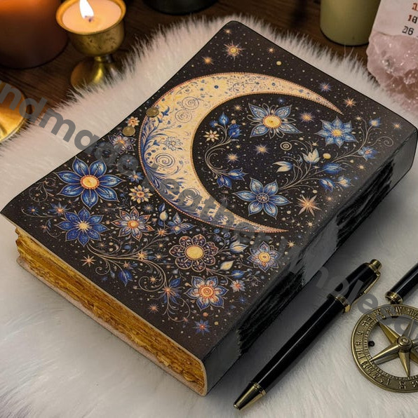 Celestial Moon Journal With Lock - Starry Moon Gifts Leather Journal - Witchcraft Grimoire Notebook - Handmade Deckle Edge Diary