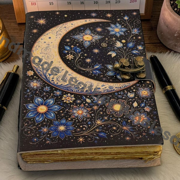 Celestial Moon Journal With Lock - Starry Moon Gifts Leather Journal - Witchcraft Grimoire Notebook - Handmade Deckle Edge Diary