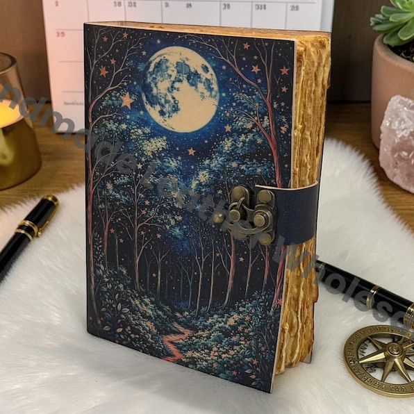 Celestial Moon Leather Journal – Witchcraft Grimoire Diary, Deckle Edge Paper