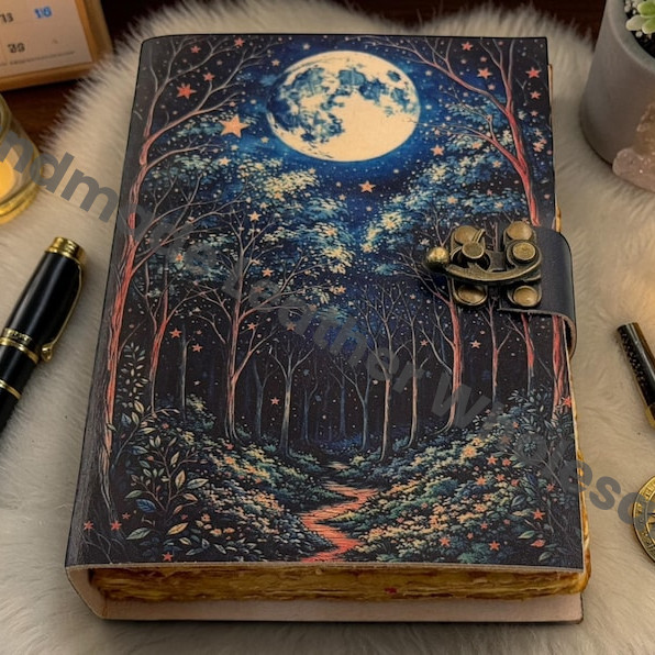 Celestial Moon Leather Journal – Witchcraft Grimoire Diary, Deckle Edge Paper