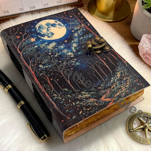 Celestial Moon Leather Journal – Witchcraft Grimoire Diary, Deckle Edge Paper