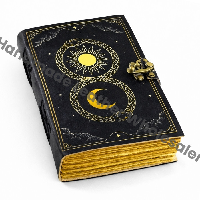 Celestial Sun & Moon Leather Journal: Ouroboros Serpent, Lockable Diary