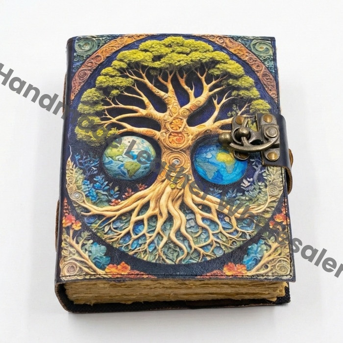 Celestial Tree of Life Leather Journal | Handmade Grimoire Earth Spell Book | Antique lock Closure