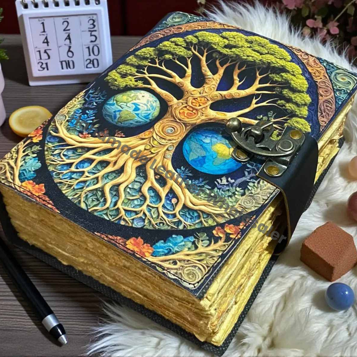 Celestial Tree of Life Leather Journal | Handmade Grimoire Earth Spell Book | Antique lock Closure