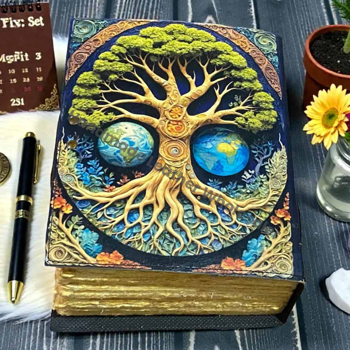 Celestial Tree of Life Leather Journal | Handmade Grimoire Earth Spell Book | Antique lock Closure