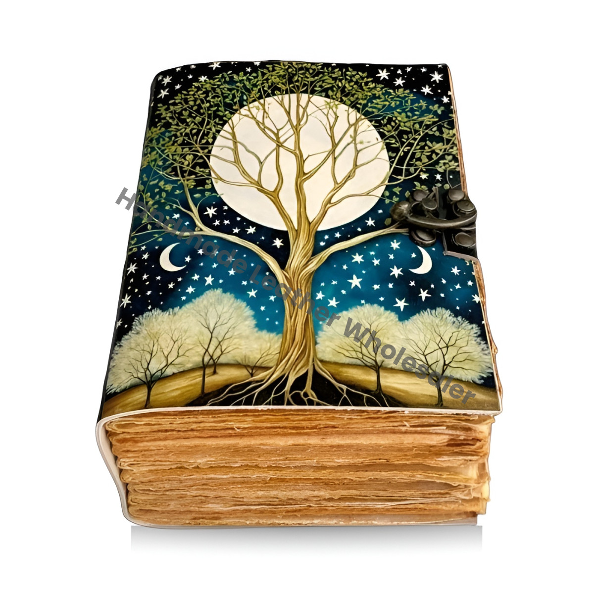 Celestial Tree of Life Leather Journal | Handmade Grimoire with Antique Lock