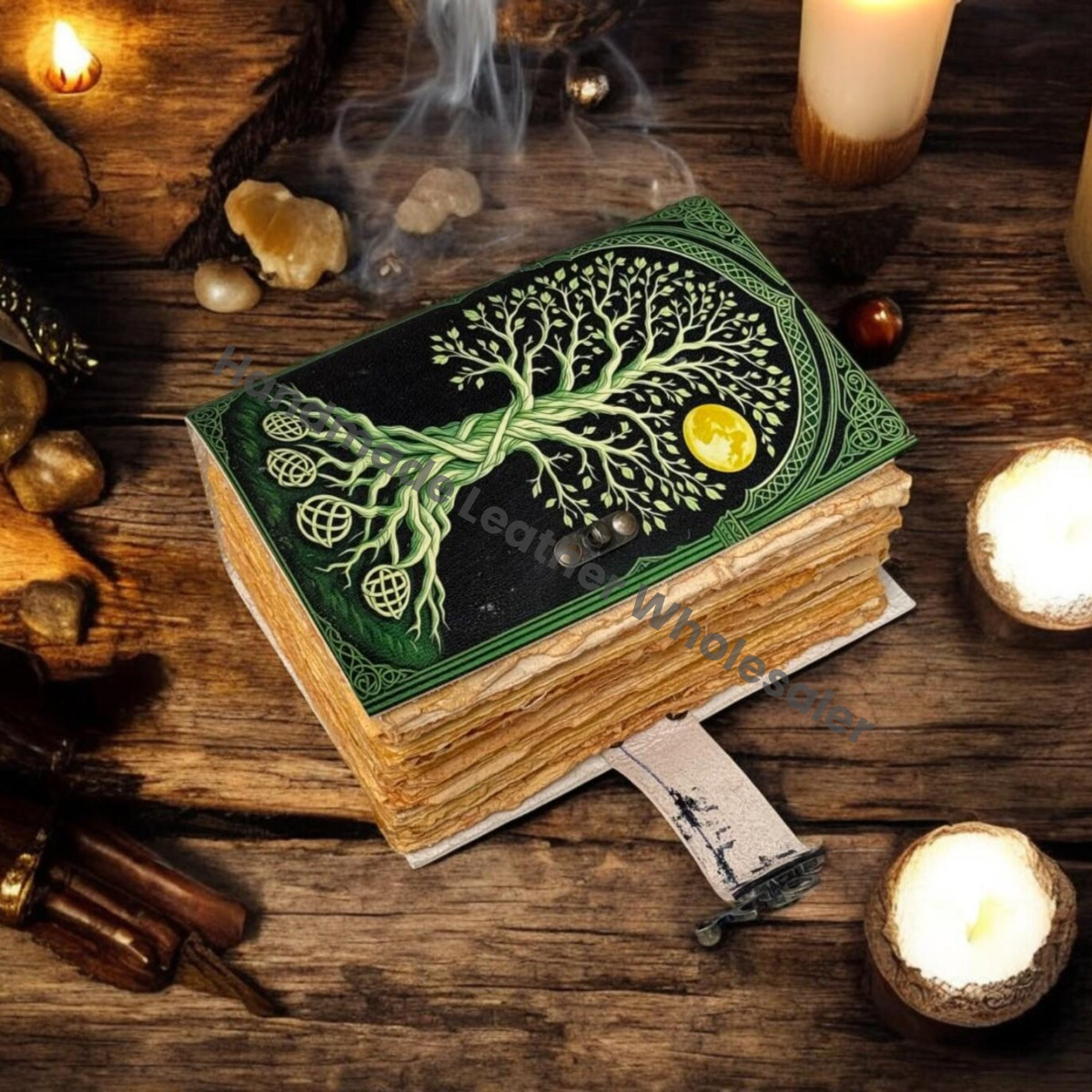 Celestial Tree of Life Leather Journal | Handmade Grimoire with Lock
