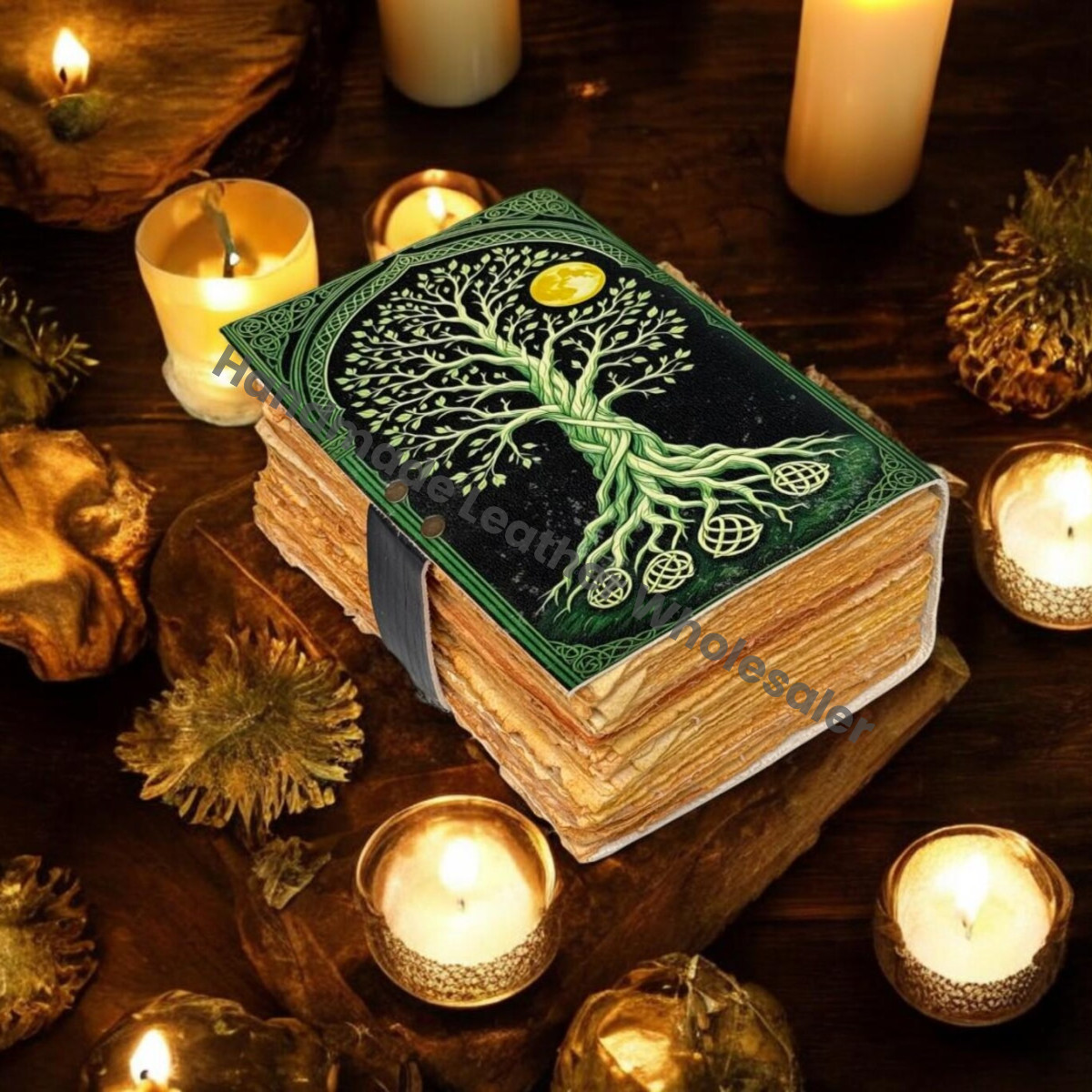 Celestial Tree of Life Leather Journal | Handmade Grimoire with Lock