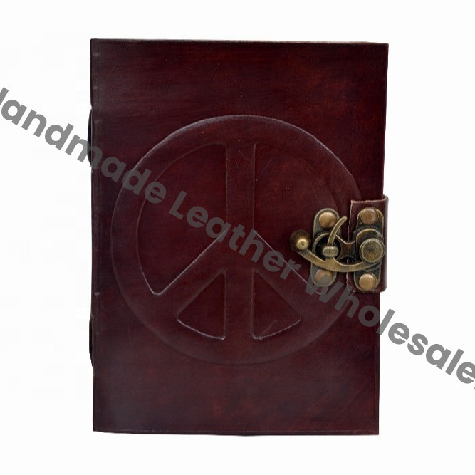 Celtic Brown Leather Journal Diary Instagram Photo Album with Handmade Paper Peace of Sign Travel Drawing Sketchbook Planner