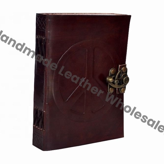 Celtic Brown Leather Journal Diary Instagram Photo Album with Handmade Paper Peace of Sign Travel Drawing Sketchbook Planner