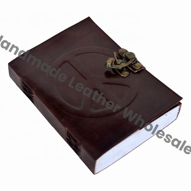 Celtic Brown Leather Journal Diary Instagram Photo Album with Handmade Paper Peace of Sign Travel Drawing Sketchbook Planner