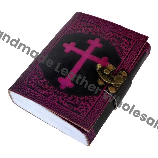 Celtic Cross Leather Spiral Binding Handmade Black Pink Journal for Women Large Size Gift Supplies Genuine Leather Lock Diary
