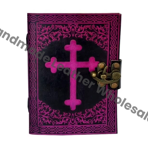 Celtic Cross Leather Spiral Binding Handmade Black Pink Journal for Women Large Size Gift Supplies Genuine Leather Lock Diary