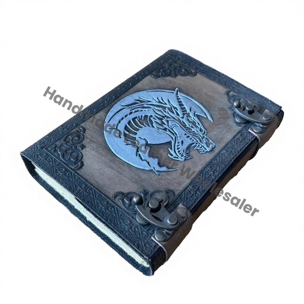 Celtic Dragon Embossed Silver Genuine Leather Hardcover Journal Spiral Binding Custom Logo Option Deckle Paper Antique Stone