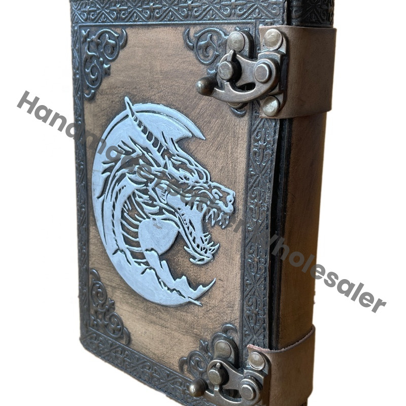 Celtic Dragon Embossed Silver Genuine Leather Hardcover Journal Spiral Binding Custom Logo Option Deckle Paper Antique Stone