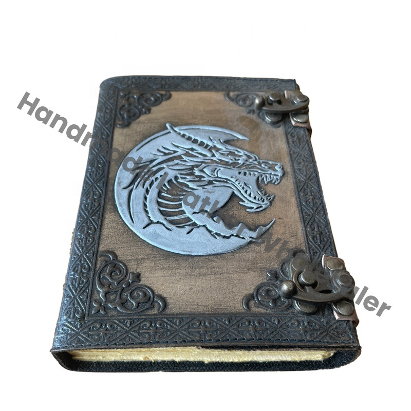 Celtic Dragon Embossed Silver Genuine Leather Hardcover Journal Spiral Binding Custom Logo Option Deckle Paper Antique Stone