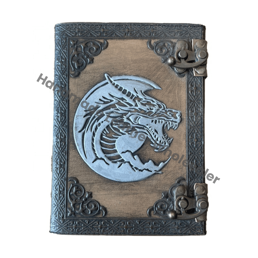 Celtic Dragon Embossed Silver Genuine Leather Hardcover Journal Spiral Binding Custom Logo Option Deckle Paper Antique Stone