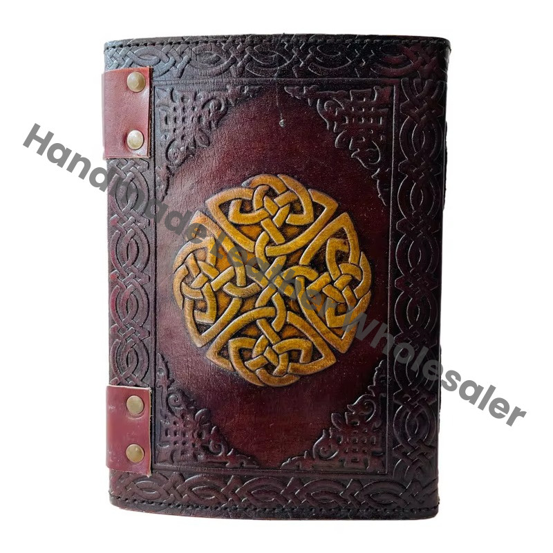 Celtic Embossed Antique Leather Hardcover Journal with Metal Closure Yellow Vintage Guest Handmade Paper Shadows Gift Him
