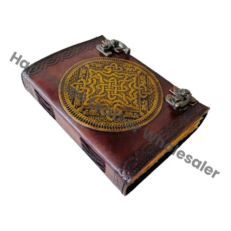 Celtic Embossed Antique Leather Hardcover Journal with Metal Closure Yellow Vintage Guest Handmade Paper Shadows Gift Him
