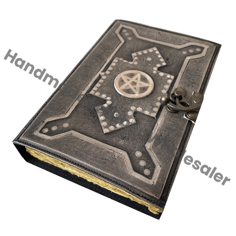 Celtic Pentagram Antique Handmade Deckle Edge Paper Charcoal Embossed Vintage Leather Spiral Journal Sketchbook Gift Charmed