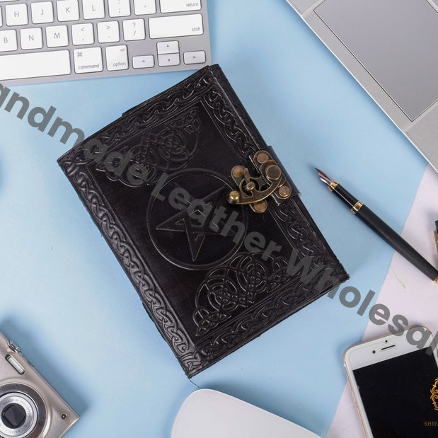 Celtic Star Leather Journal, Embossed Pentagram Grimoire, Latch Closure