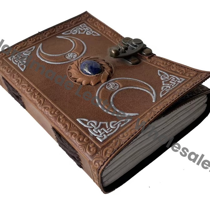 Celtic Triple Moon Leather Address Book Antique Soft Handmade Eco-friendly Paper Customized Logo Gift Blank Spell Book Shadows