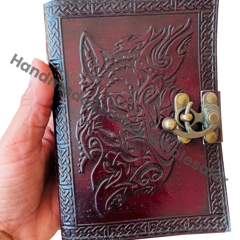 Celtic Vintage Handmade Embossed Brown Leather Hardcover 7x5 Inches Journal Custom Logo-Magical Wolf Face Notebook Gift Traveler
