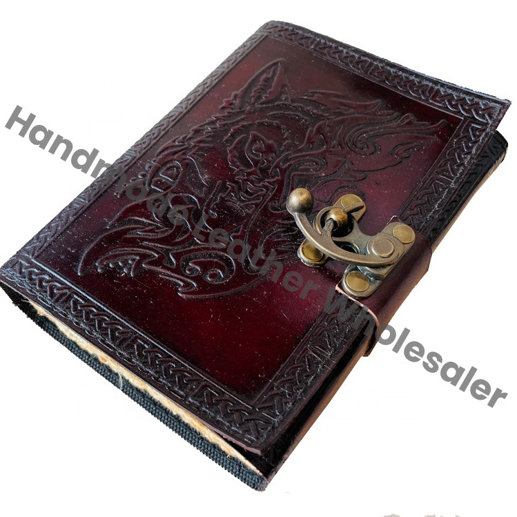 Celtic Vintage Handmade Embossed Brown Leather Hardcover 7x5 Inches Journal Custom Logo-Magical Wolf Face Notebook Gift Traveler