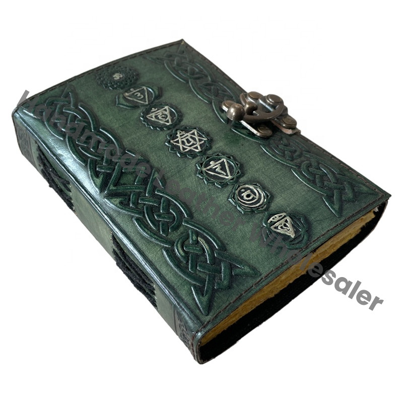 Chakra Composition Leather Hardcover Notebook Journal Rainbow Wide Ruled Green Seven Chakras Yoga Meditation Balance Gift