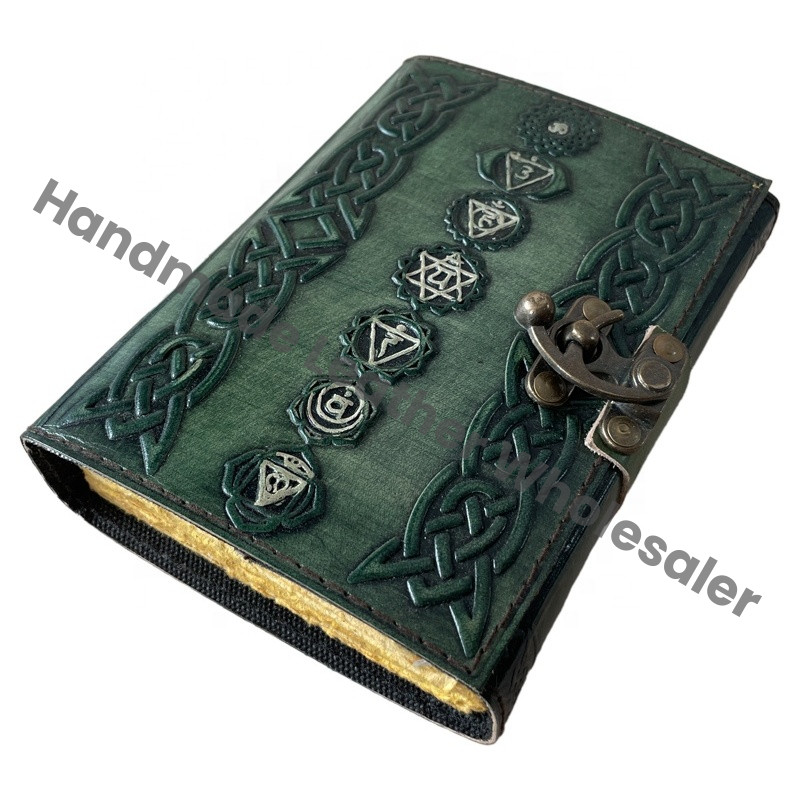 Chakra Composition Leather Hardcover Notebook Journal Rainbow Wide Ruled Green Seven Chakras Yoga Meditation Balance Gift