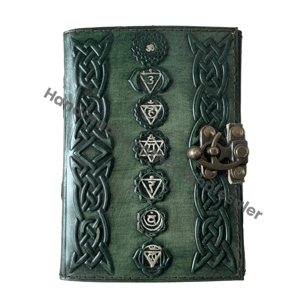 Chakra Composition Leather Hardcover Notebook Journal Rainbow Wide Ruled Green Seven Chakras Yoga Meditation Balance Gift
