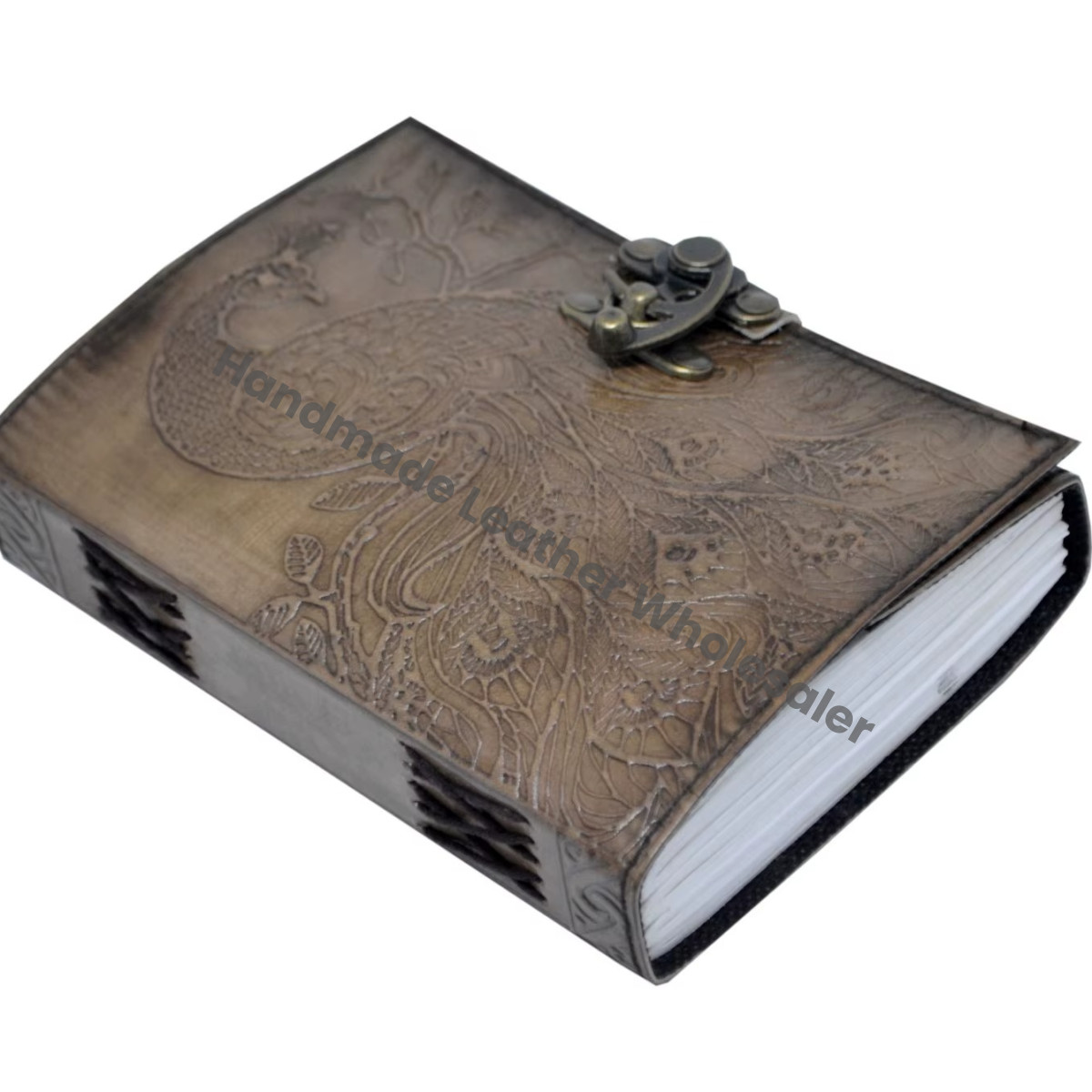 Charcoal Travel Leather Hardcover Journal Recyclable Handmade Paper Peacock Design Hand Embossed Custom Logo Option Vintage