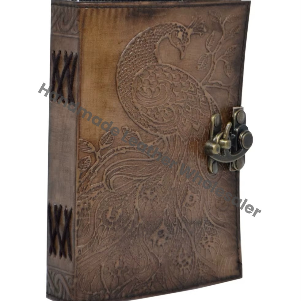 Charcoal Travel Leather Hardcover Journal Recyclable Handmade Paper Peacock Design Hand Embossed Custom Logo Option Vintage