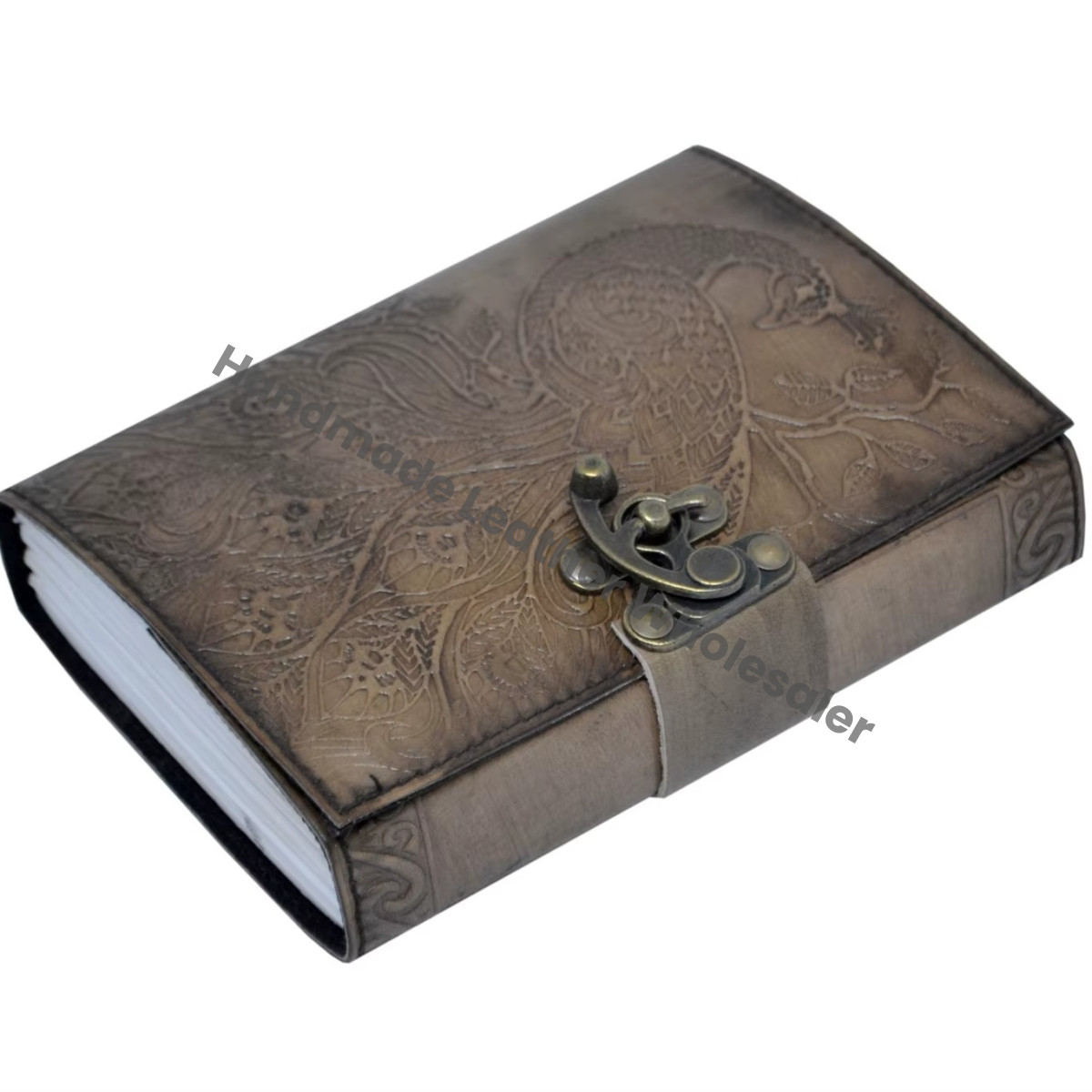 Charcoal Travel Leather Hardcover Journal Recyclable Handmade Paper Peacock Design Hand Embossed Custom Logo Option Vintage