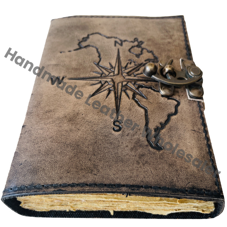 Custom Design Compass Notebook Antique Leather Journal Eco-Friendly Hardcover Box Packaging Charcoal Color Gift Deckle Paper