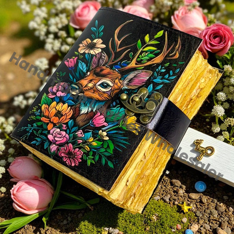 Deer Leather Journal – Handmade Deckle Edge Grimoire, Cottage core Spell Book, Vintage Witchcraft Wiccan Pagan Gothic Gift