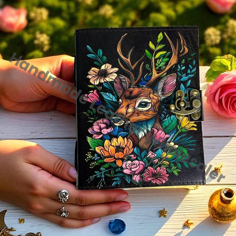 Deer Leather Journal – Handmade Deckle Edge Grimoire, Cottage core Spell Book, Vintage Witchcraft Wiccan Pagan Gothic Gift