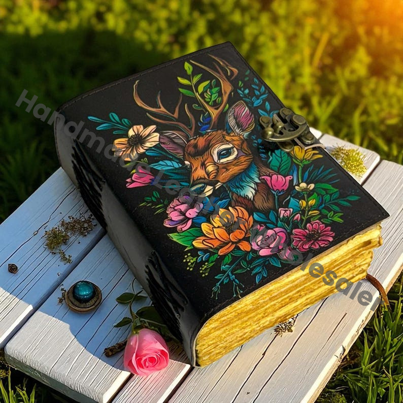 Deer Leather Journal – Handmade Deckle Edge Grimoire, Cottage core Spell Book, Vintage Witchcraft Wiccan Pagan Gothic Gift